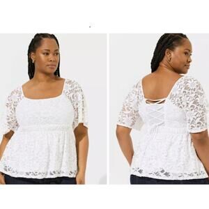 Torrid Stretch Lace Square Neck Lace Up Back Peplum Babydoll Top Sz: 1-1X -NWT